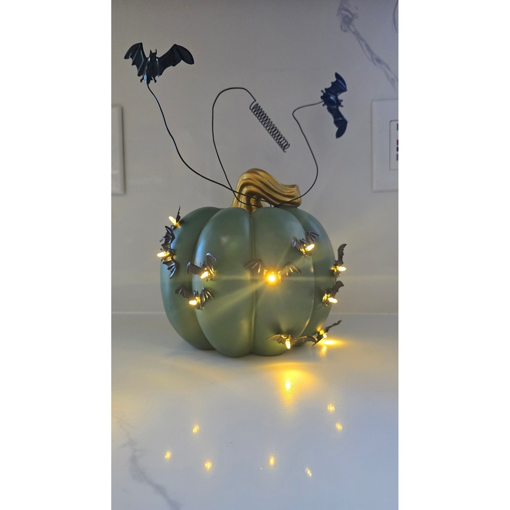 Sage Green Light Up Pumpkin with Flying Bats Halloween Decor Gold Stem